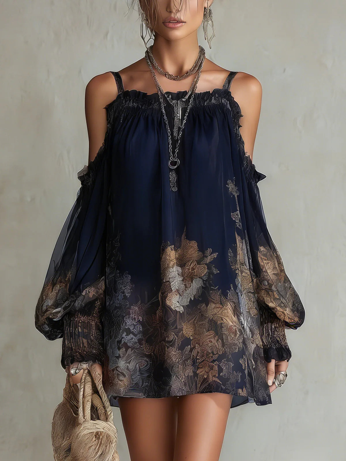 Navy Floral Off-Shoulder Chiffon Mini Dress