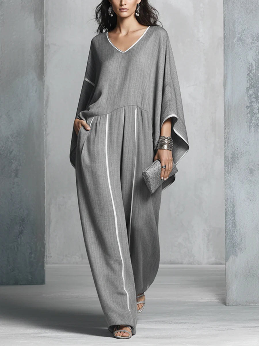 Casual Grey Loose-fitting Wide-leg Jumpsuit With White Piping
