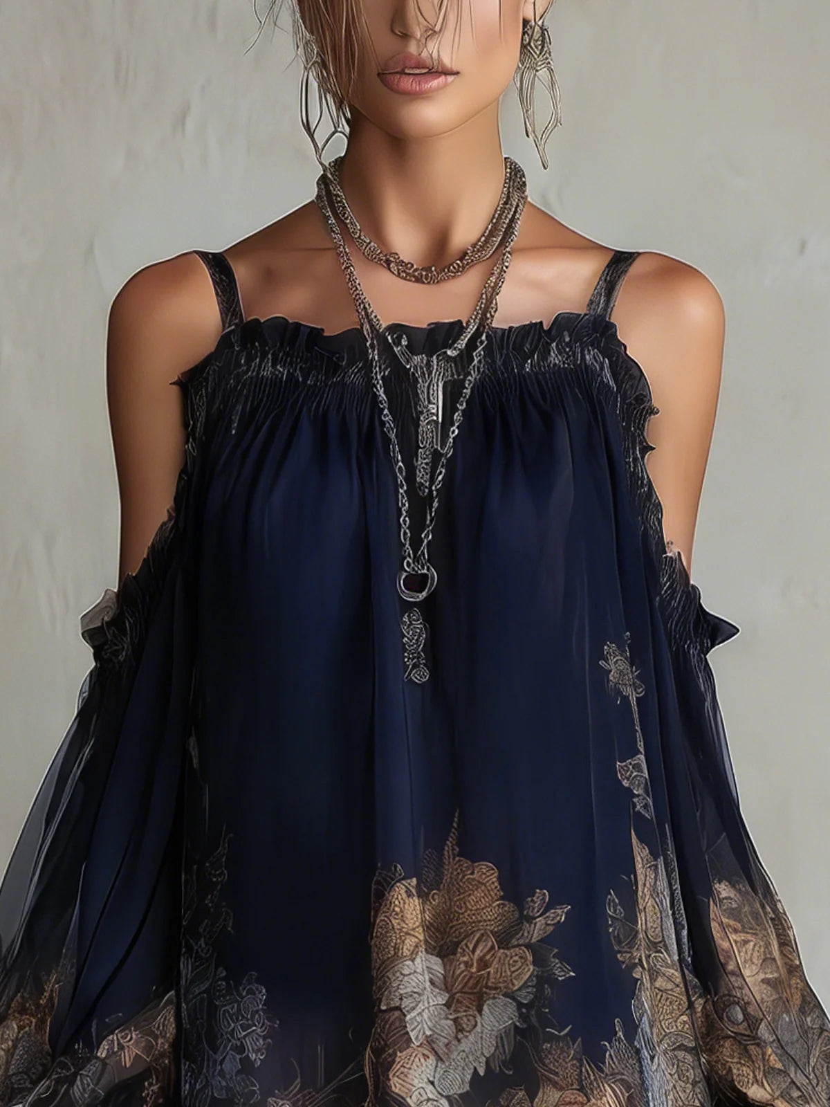 Navy Floral Off-Shoulder Chiffon Mini Dress