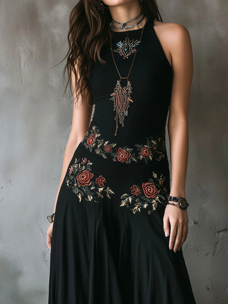 Boho Black Embroidered Halter Neck Maxi Dress(Accessories not included.)