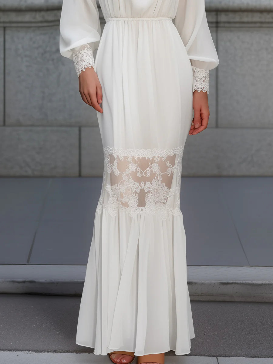 Lace High Neck Sheer Panel Maxi Dress