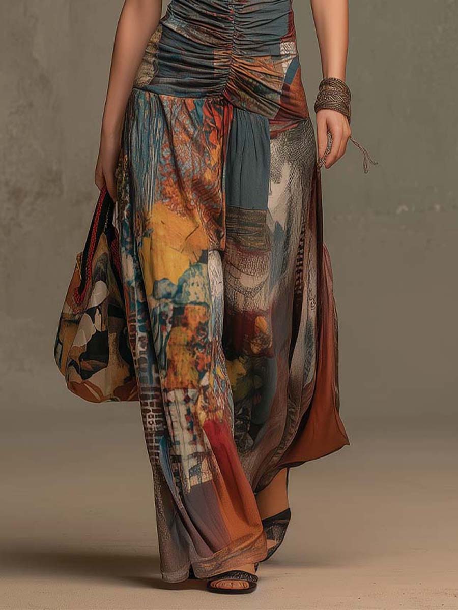 Bohemian Print Halter Ruched Wide-Leg Jumpsuit