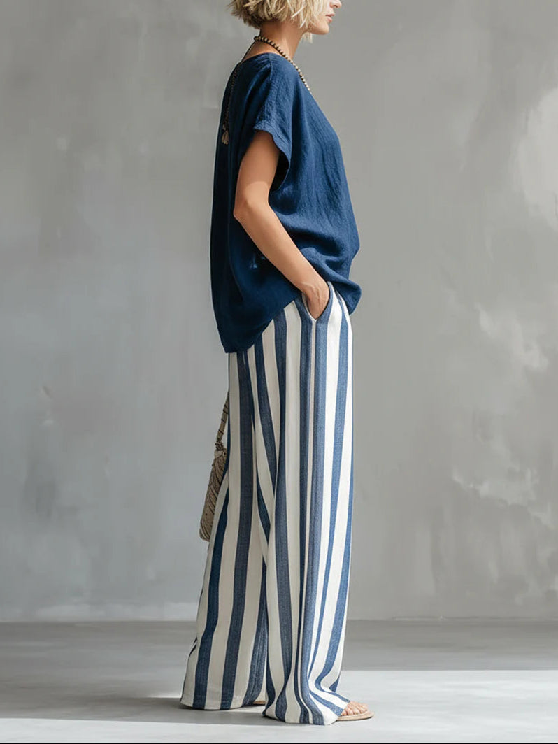 Elegant Blue T-shirt And Striped Wide-leg Pants Set