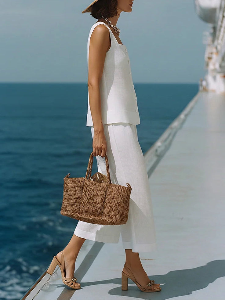 Solid-Color Square-Neck Top and Cropped Pants Set