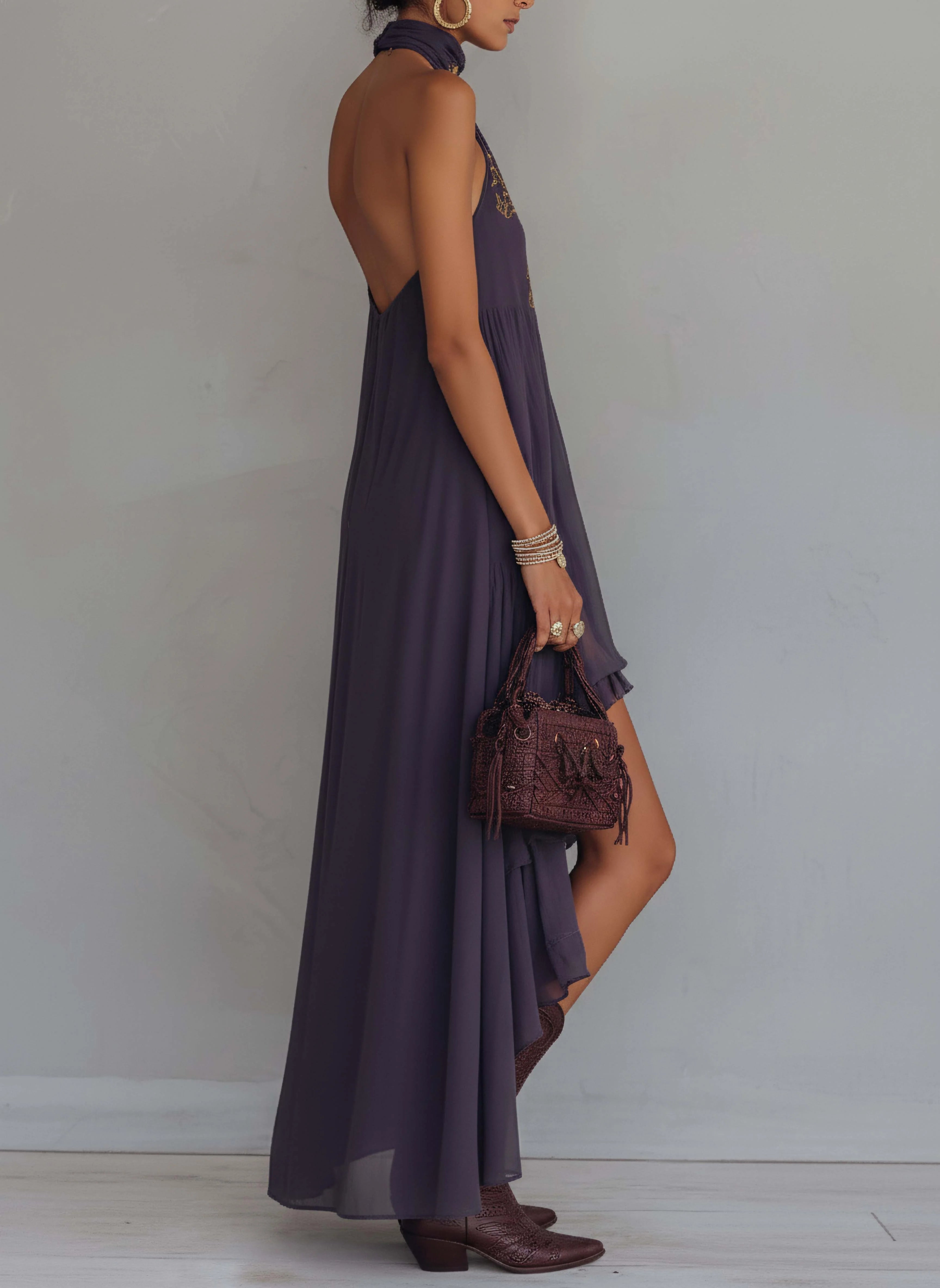 Purple Vintage Embroidered Chiffon Maxi Dress