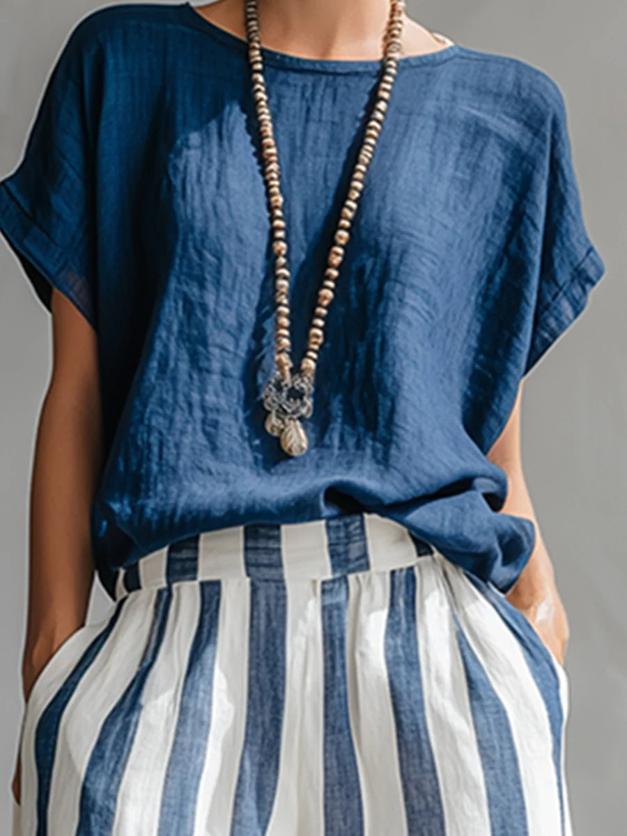Elegant Blue T-shirt And Striped Wide-leg Pants Set