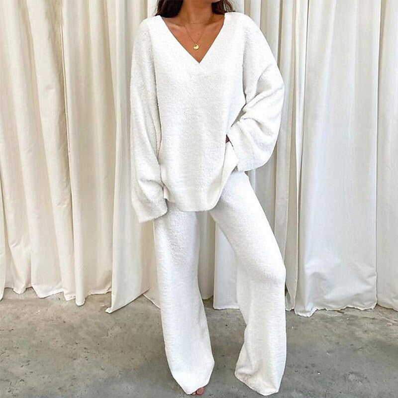 Comfortable Solid Color V-neck Daily Two-piece Set