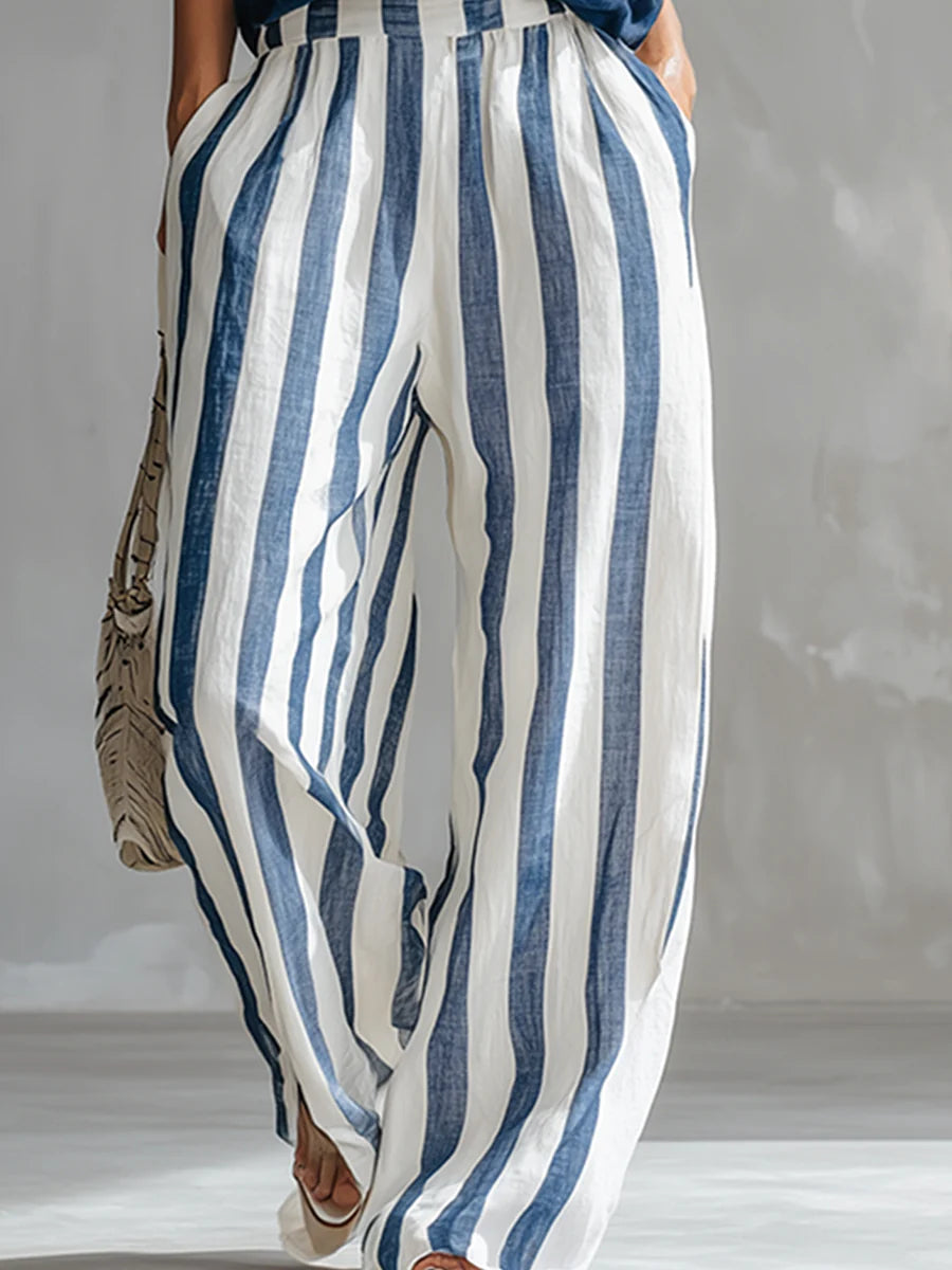 Elegant Blue T-shirt And Striped Wide-leg Pants Set