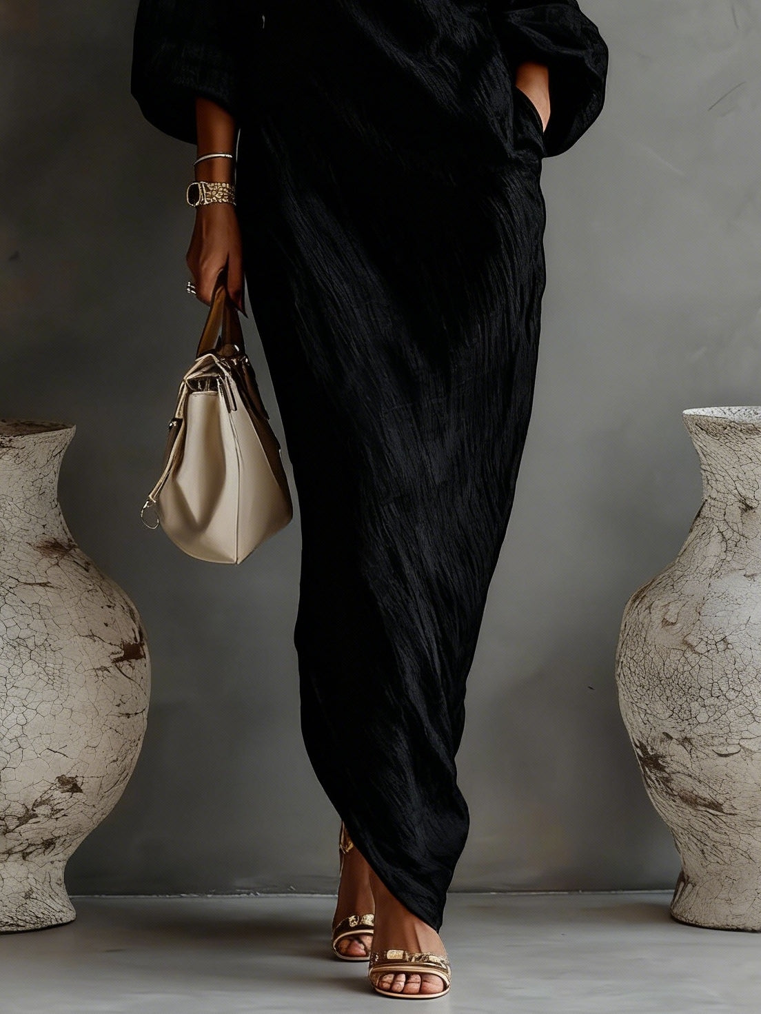 Black One-shoulder Flowing Elegant Maxi Dress(No pockets)