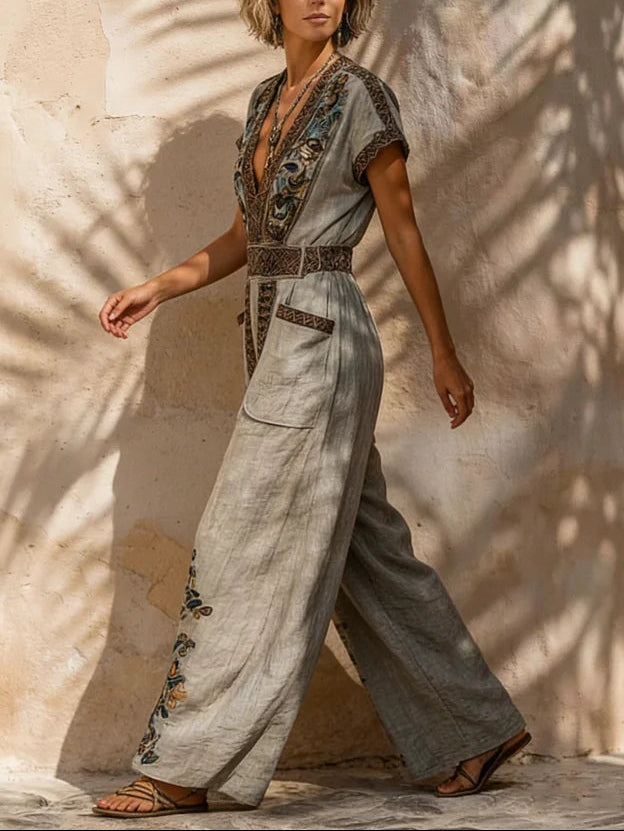 Effortless Bohemian-Style Retro Print Loose-Fit Jumpsuit