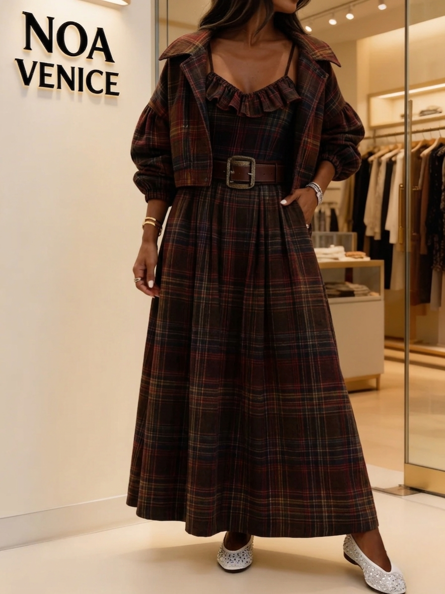 Vintage Plaid Ruffle Mini Dress and Loose Jacket Set(Includes belt)