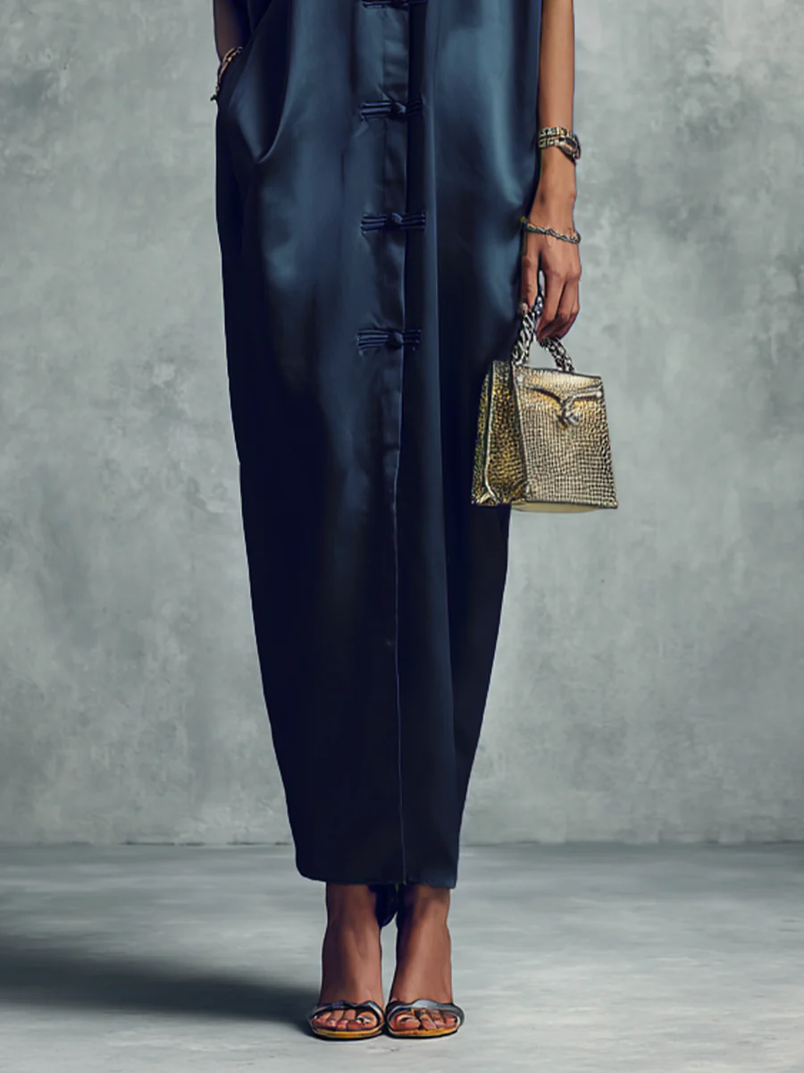 Navy Blue Stand-up Collar Button-down Maxi Dress