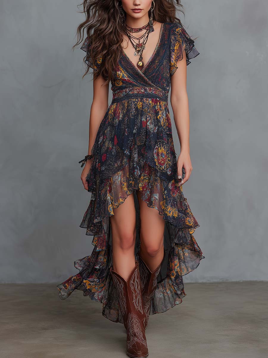 Navy Blue Floral Print Chiffon Irregular Midi Dress