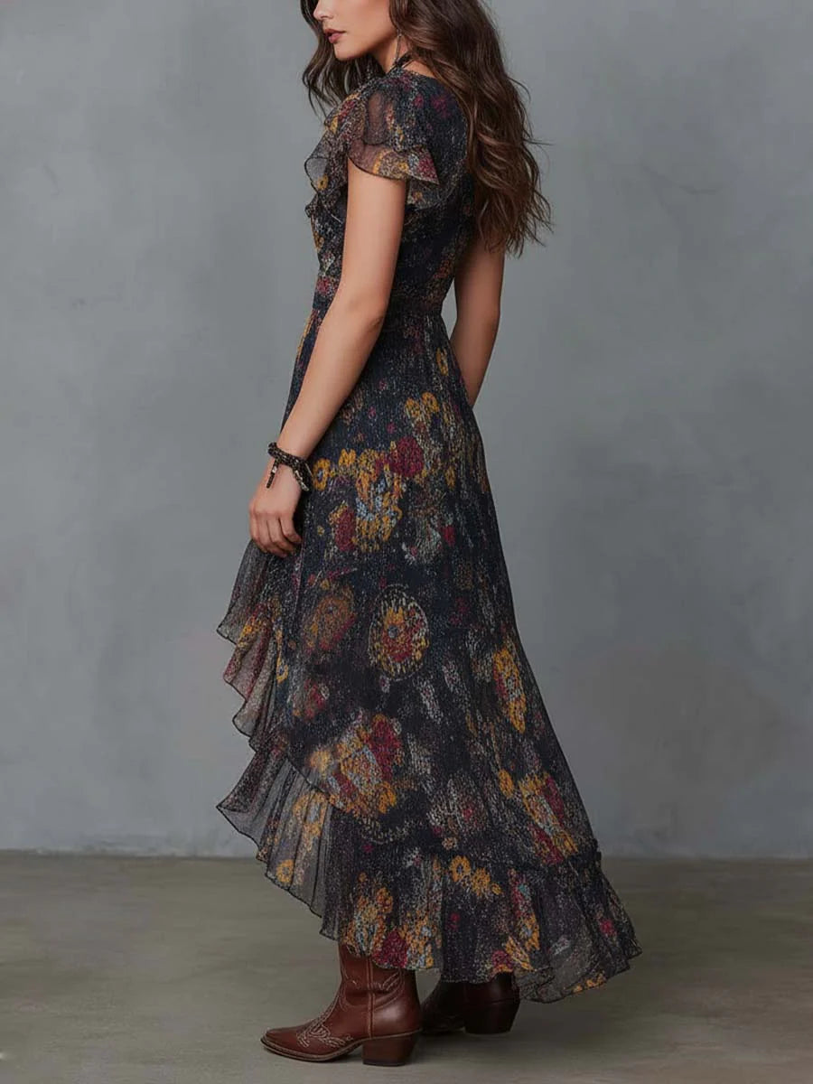 Navy Blue Floral Print Chiffon Irregular Midi Dress