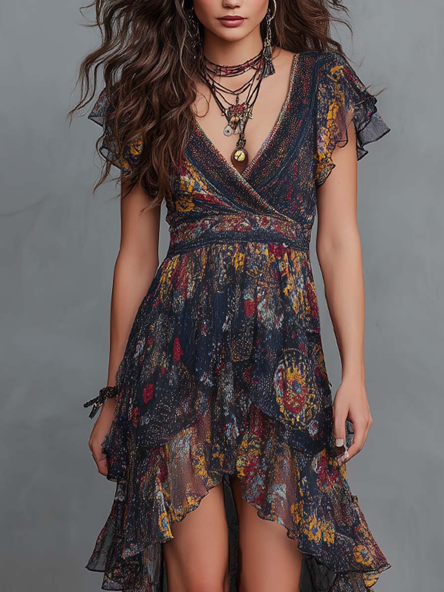 Navy Blue Floral Print Chiffon Irregular Midi Dress