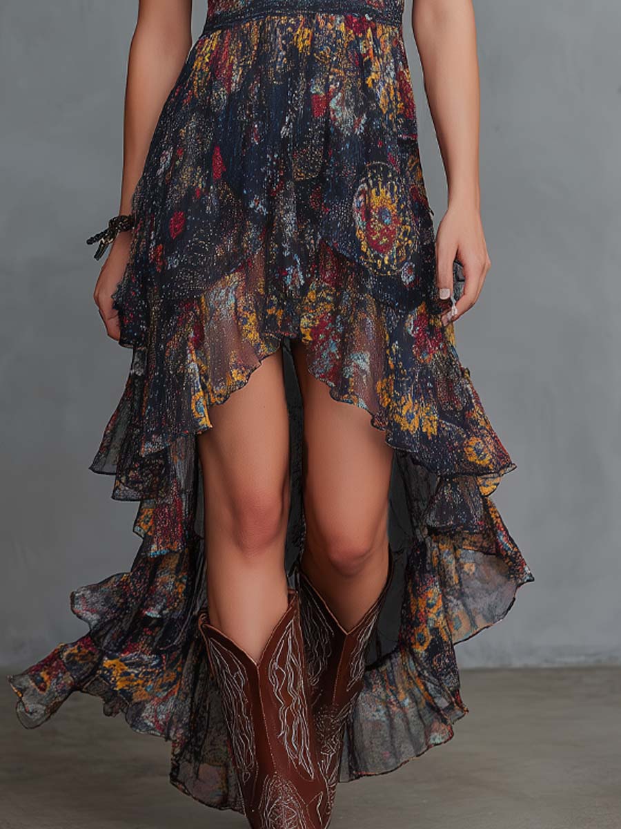 Navy Blue Floral Print Chiffon Irregular Midi Dress