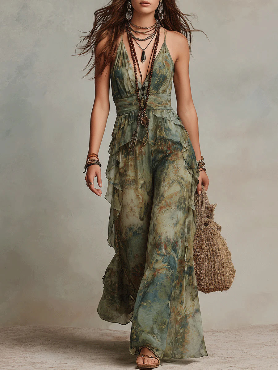 Green Floral Print Chiffon Ruffled Jumpsuit