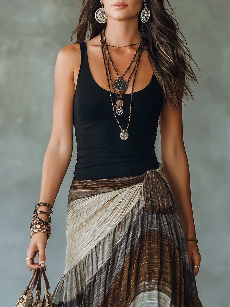 Bohemian Nomadic Striped Skirt And Black Camisole Set