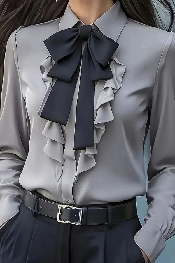Ruffled Bow Tie Casual Long-sleeved Shirt