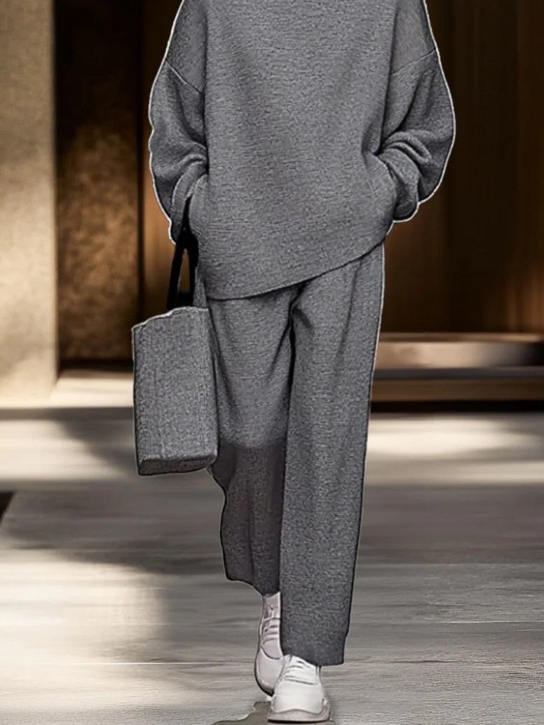 Comfortable Gray Top and Wide-leg Pants Casual Two-piece Set