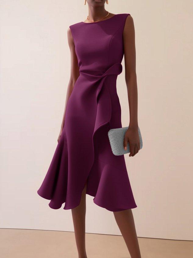 Red Sleeveless Midi Elegant A-line Dress with Waist Twist for Day-to-Night