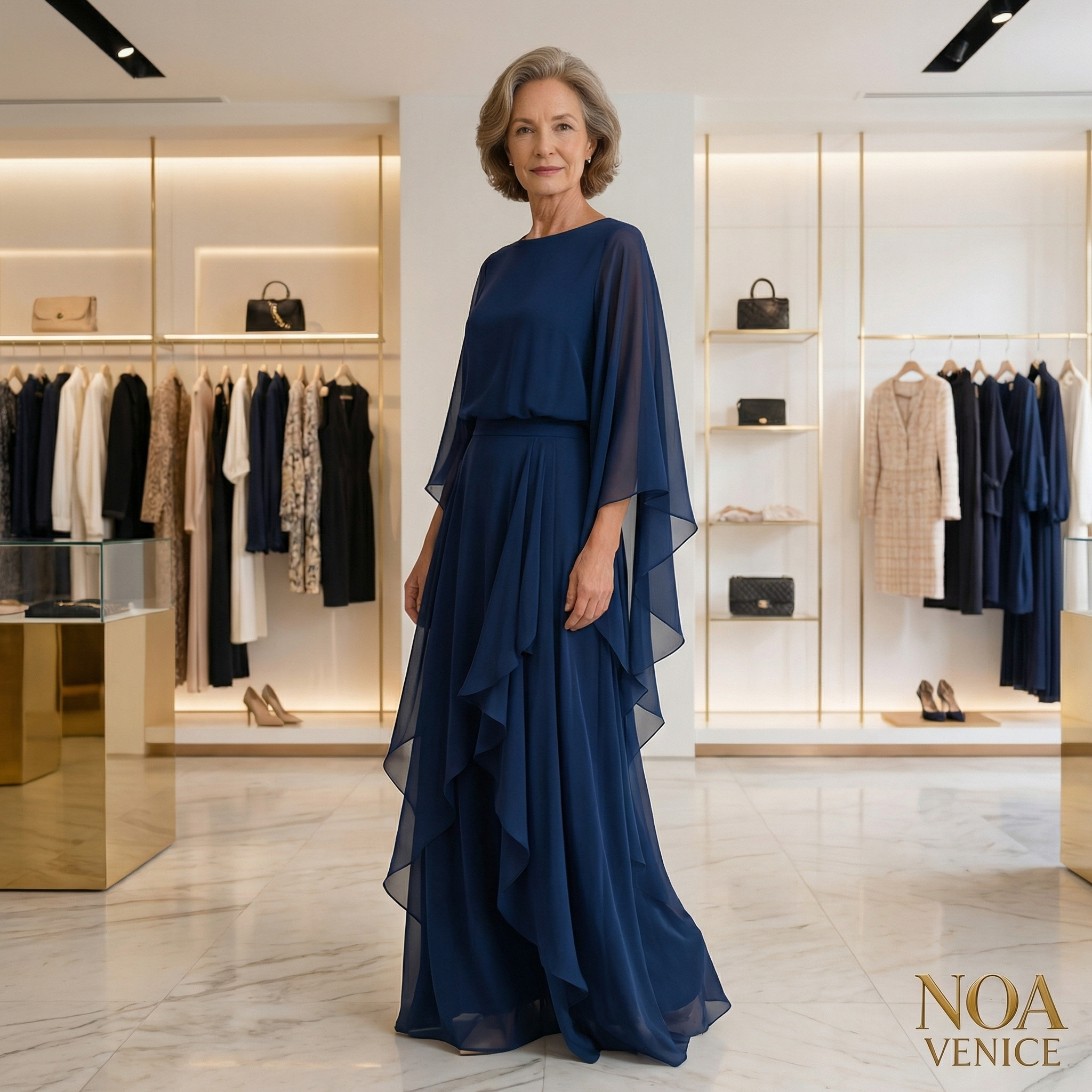 Navy Chiffon Bell-sleeve Top And Ruffled Straight-leg Pants Set