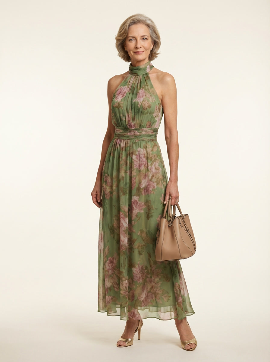 Green Floral Chiffon Halter Maxi Dress