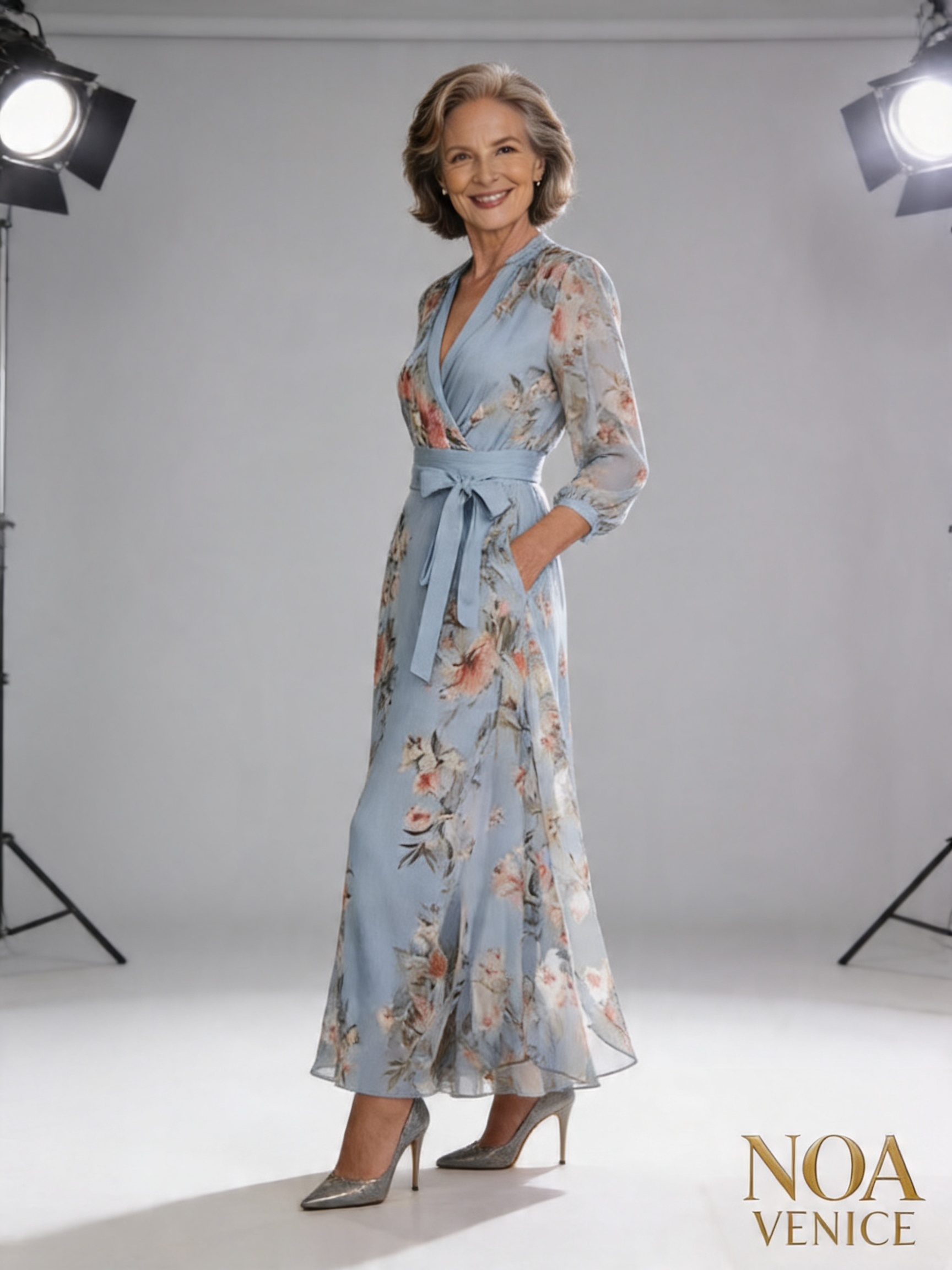 Floral Print V-Neck Short Sleeve Bow Waist Midi Dress