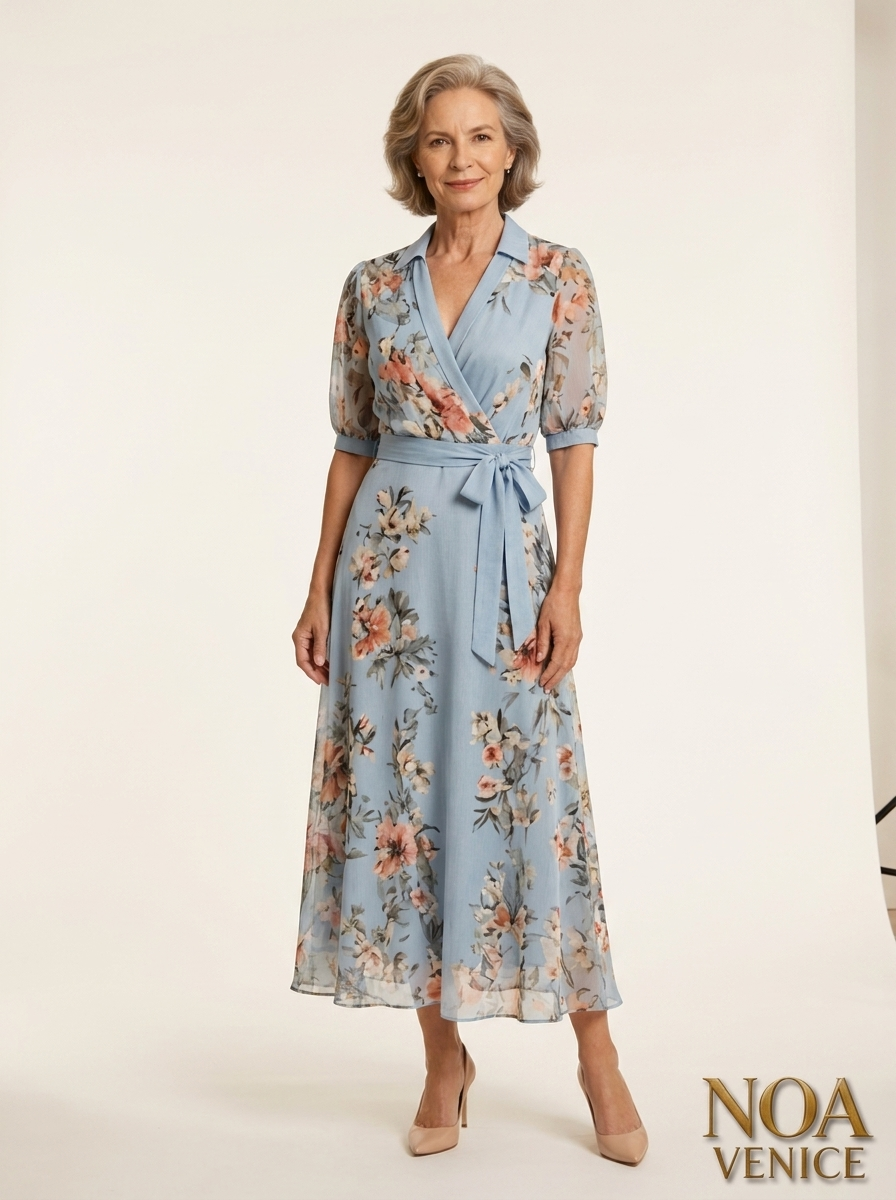 Floral Print V-Neck Short Sleeve Bow Waist Midi Dress