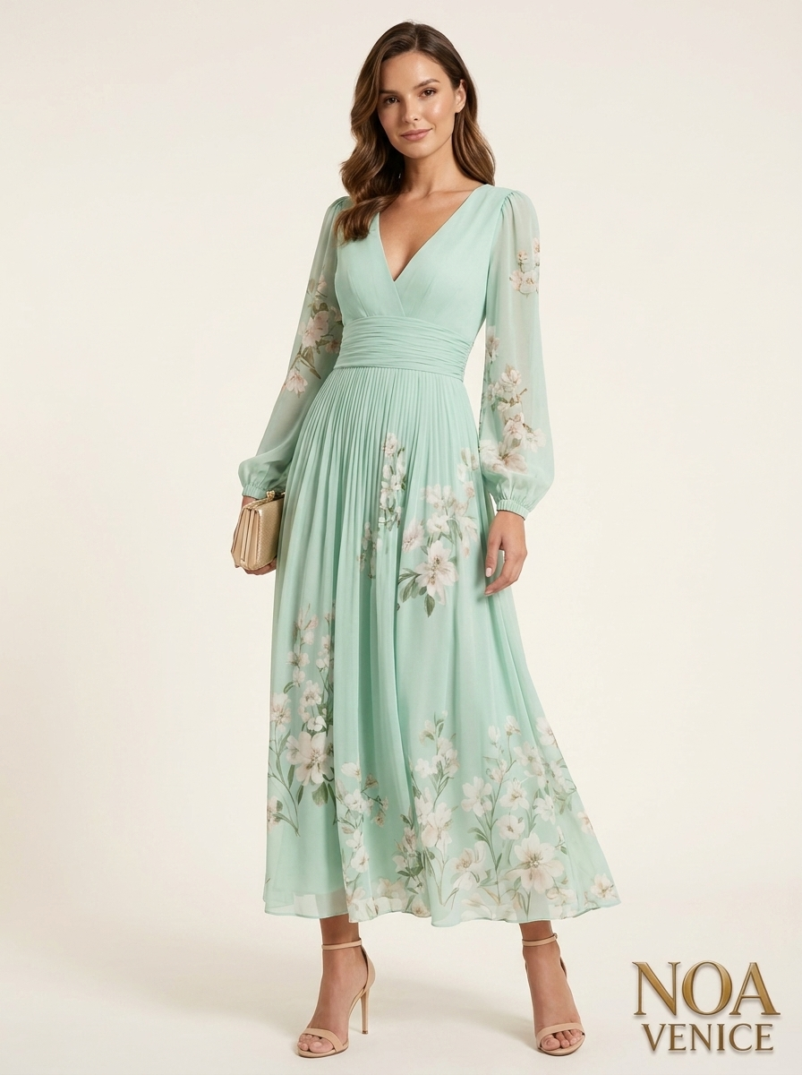 Light Green V-Neck Chiffon Pleated Floral Midi Dress