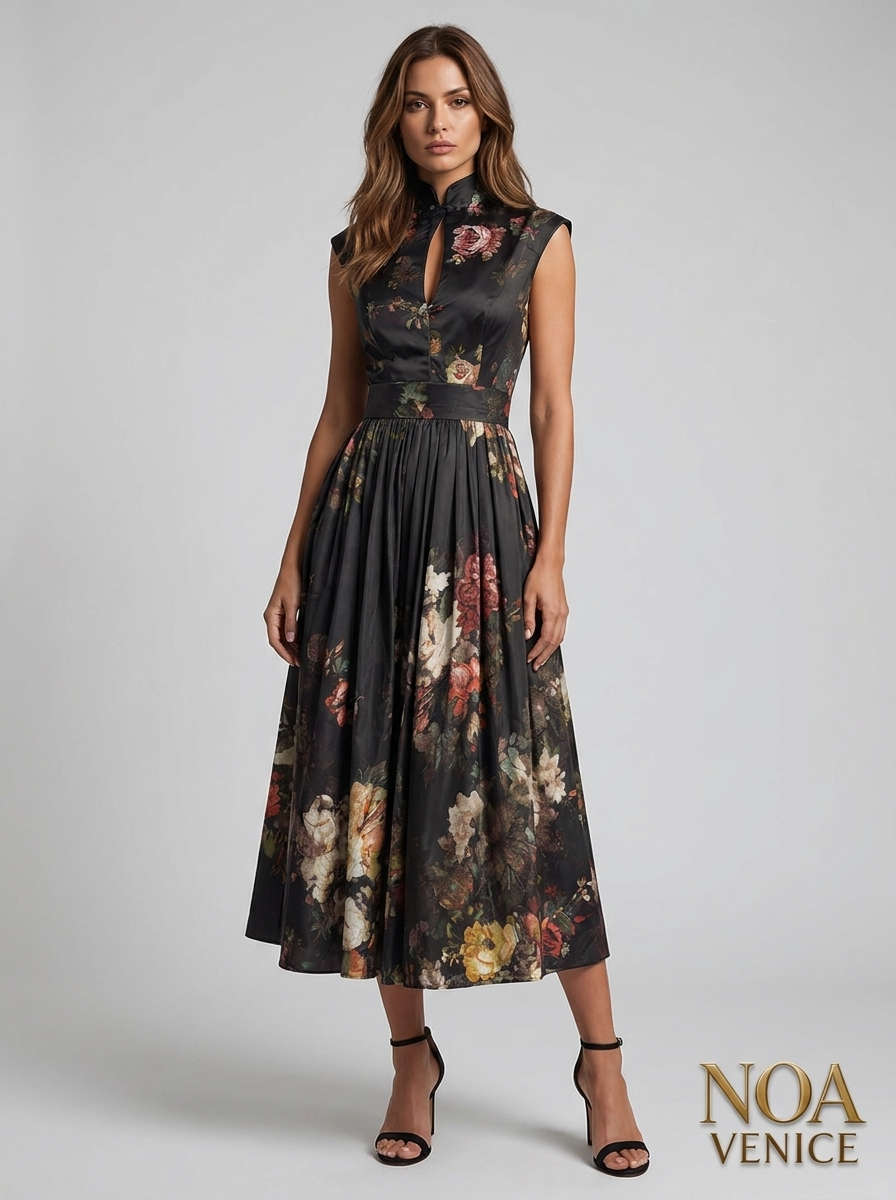 Black Keyhole Collar Floral Pleated Satin Midi Dress
