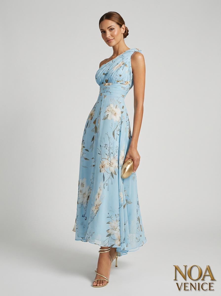 Light Blue Floral Pleated Chiffon One-shoulder Maxi Dress