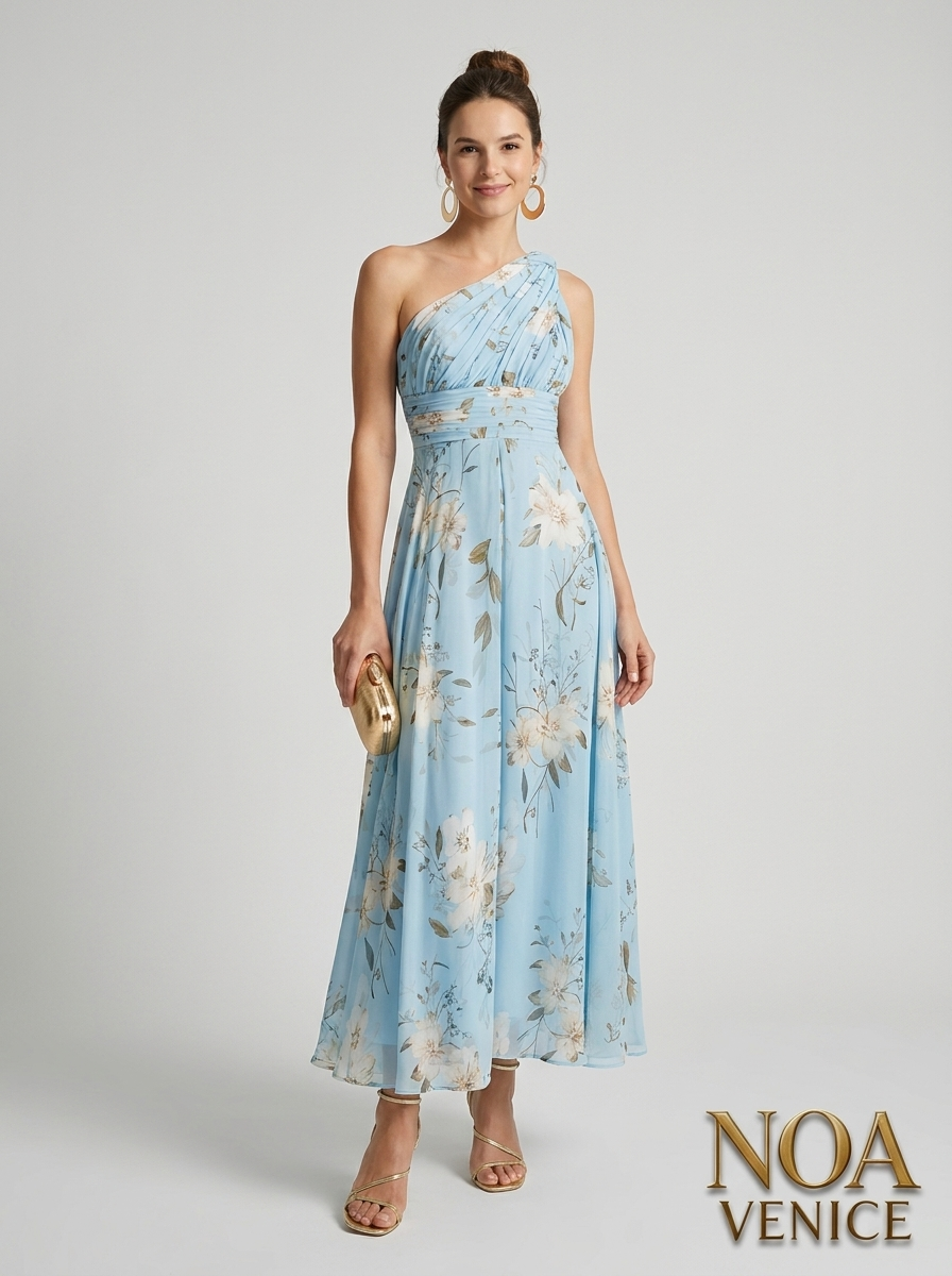 Light Blue Floral Pleated Chiffon One-shoulder Maxi Dress