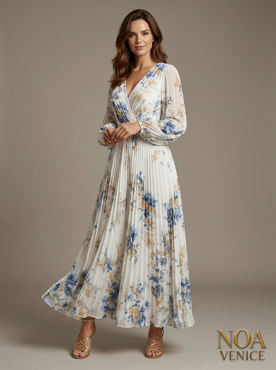 Spring New White Pleated Chiffon V Neck Floral Long Sleeve Balloon Sleeve A-Line Maxi Dress