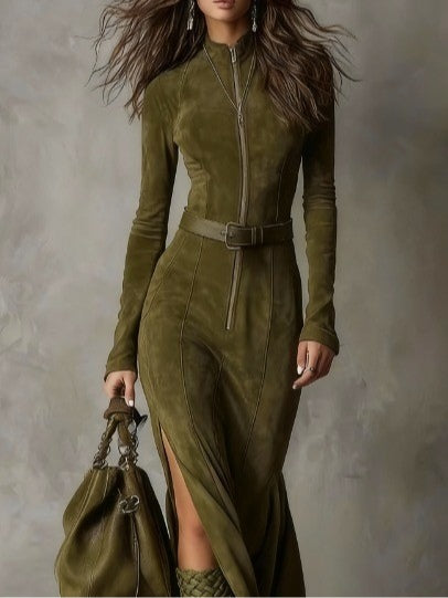 Vintage Green Zipper Belted Maxi Dress(Includes belt)