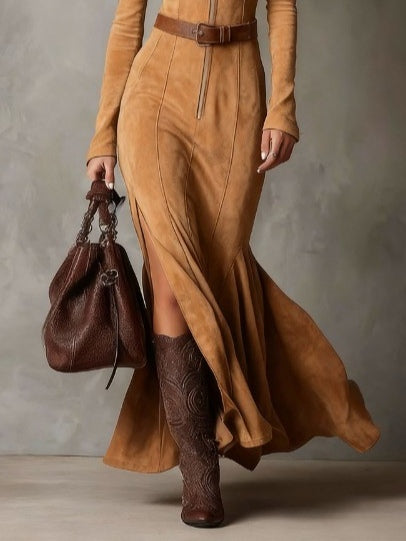 Vintage Camel Zipper Belted Maxi Dress(Includes belt)