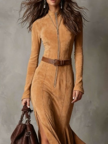 Vintage Camel Zipper Belted Maxi Dress(Includes belt)