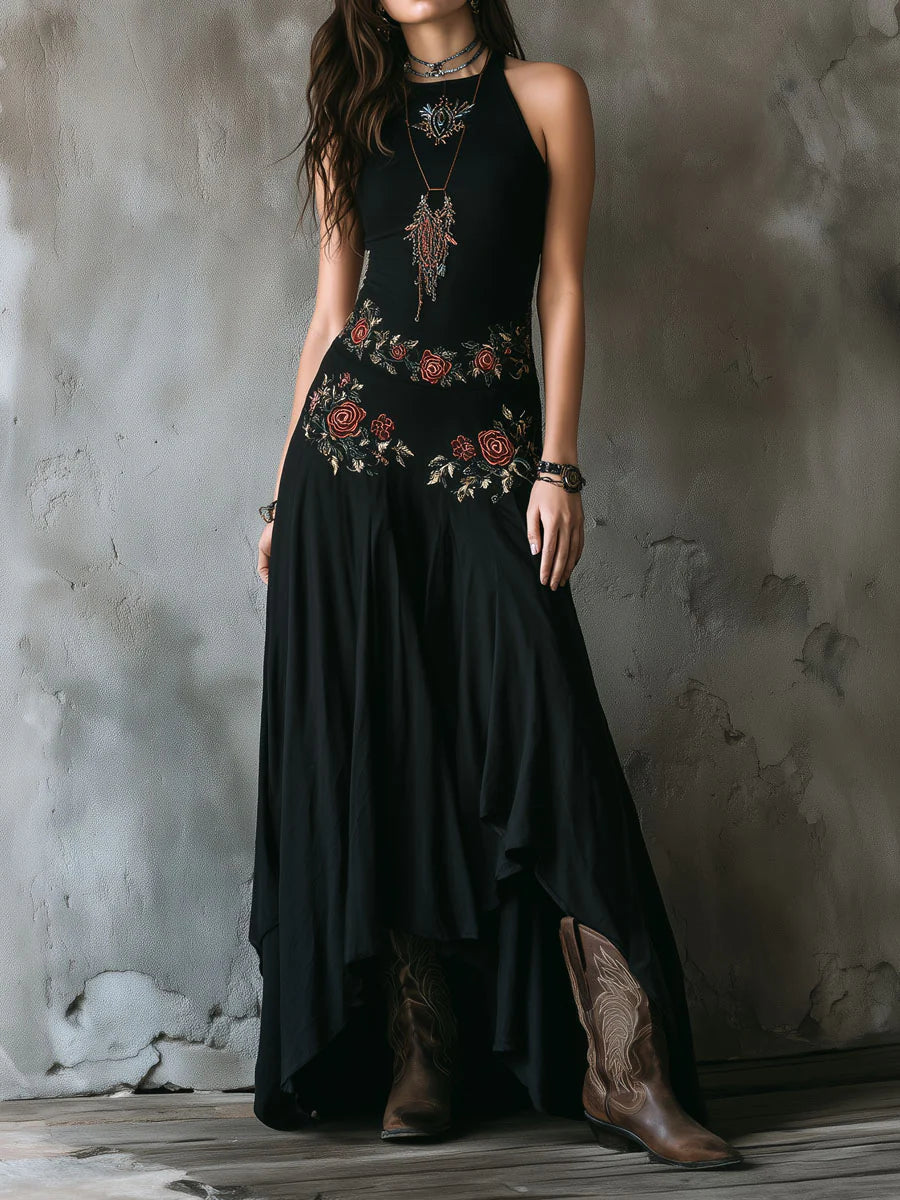 Boho Black Embroidered Halter Neck Maxi Dress（Accessories not included.）