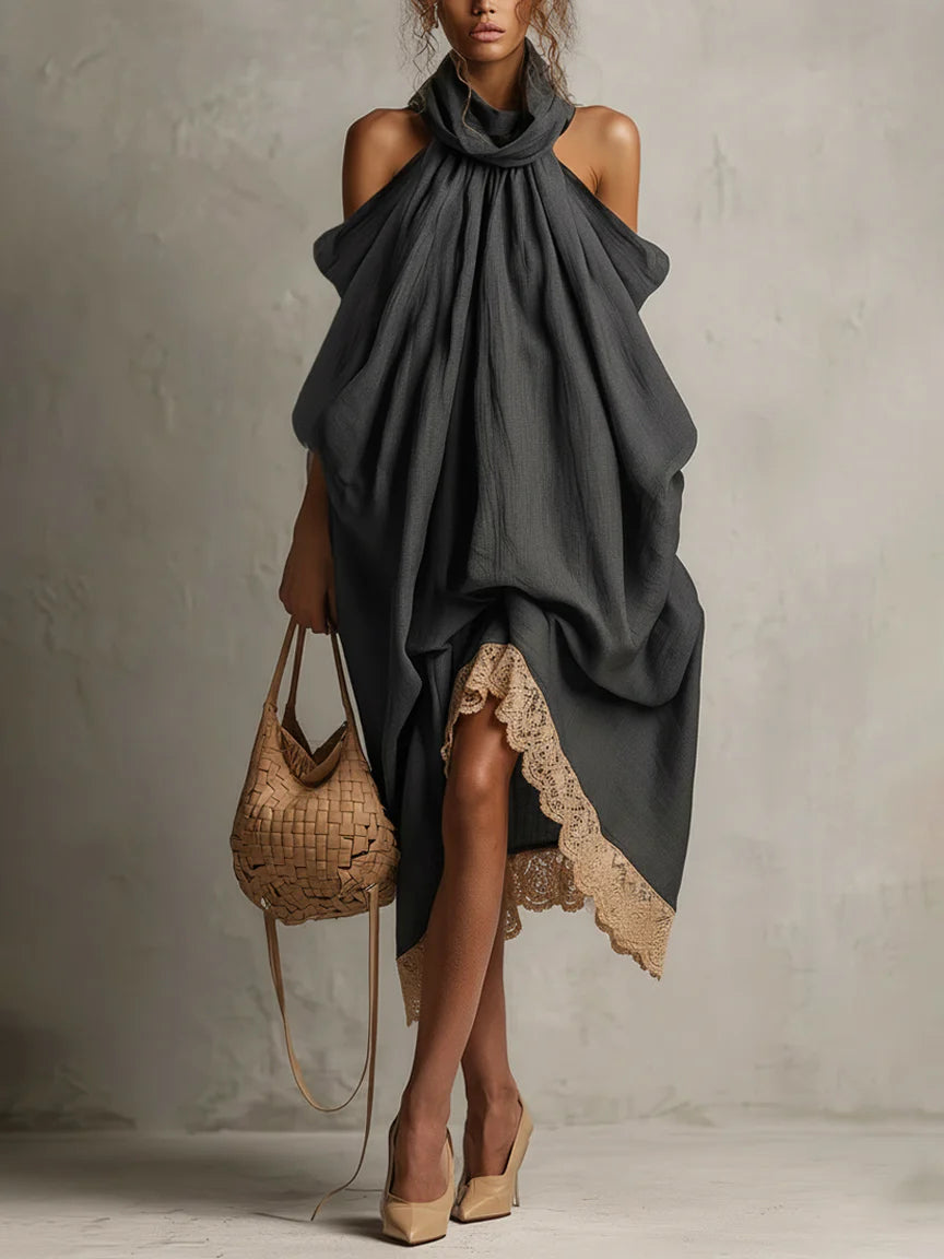 Grey Halter-Neck Loose-Fit Midi Dress with Lace Trim