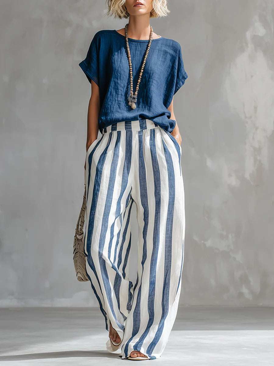 Elegant Blue T-shirt And Striped Wide-leg Pants Set
