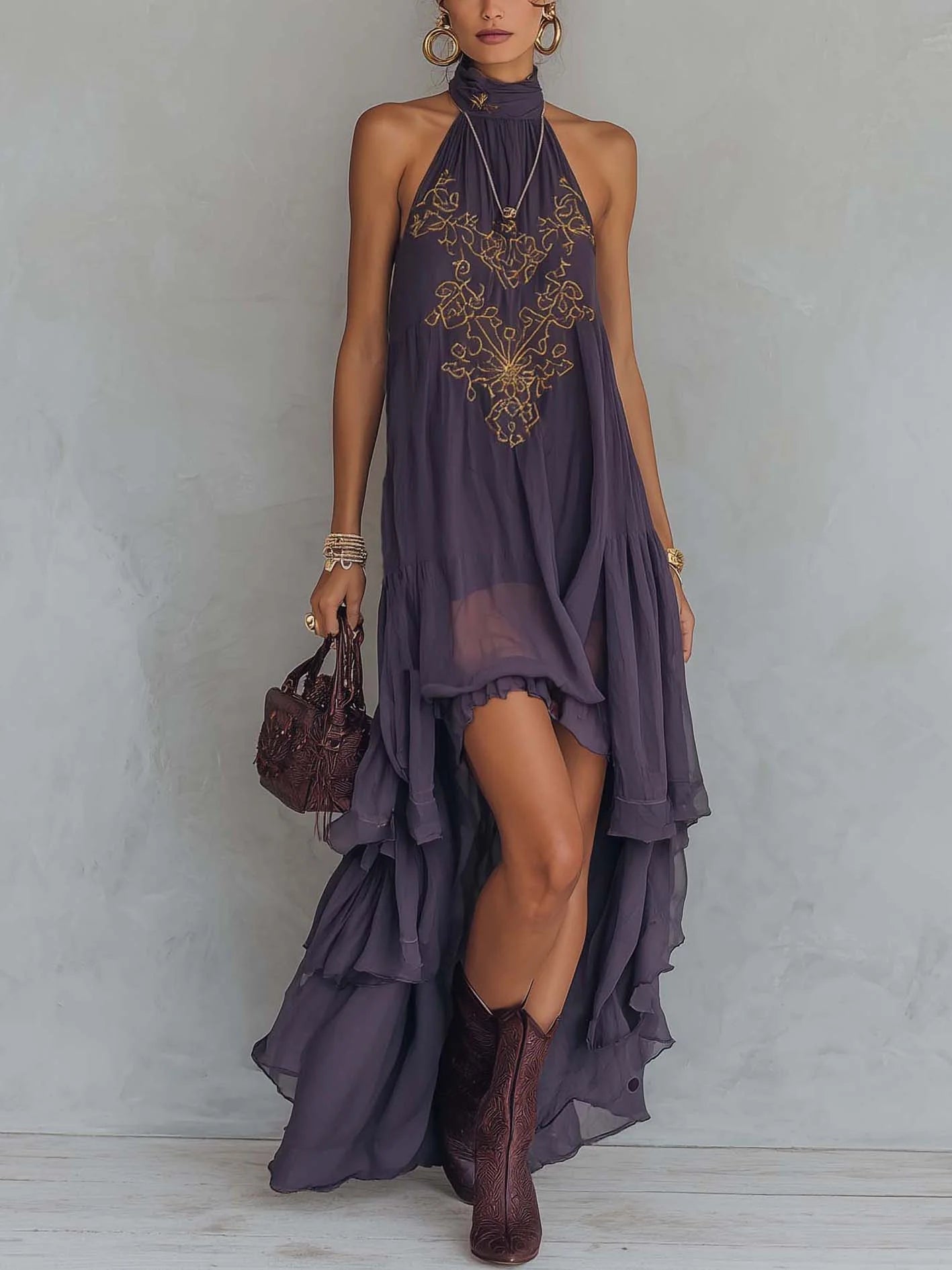 Purple Vintage Embroidered Chiffon Maxi Dress