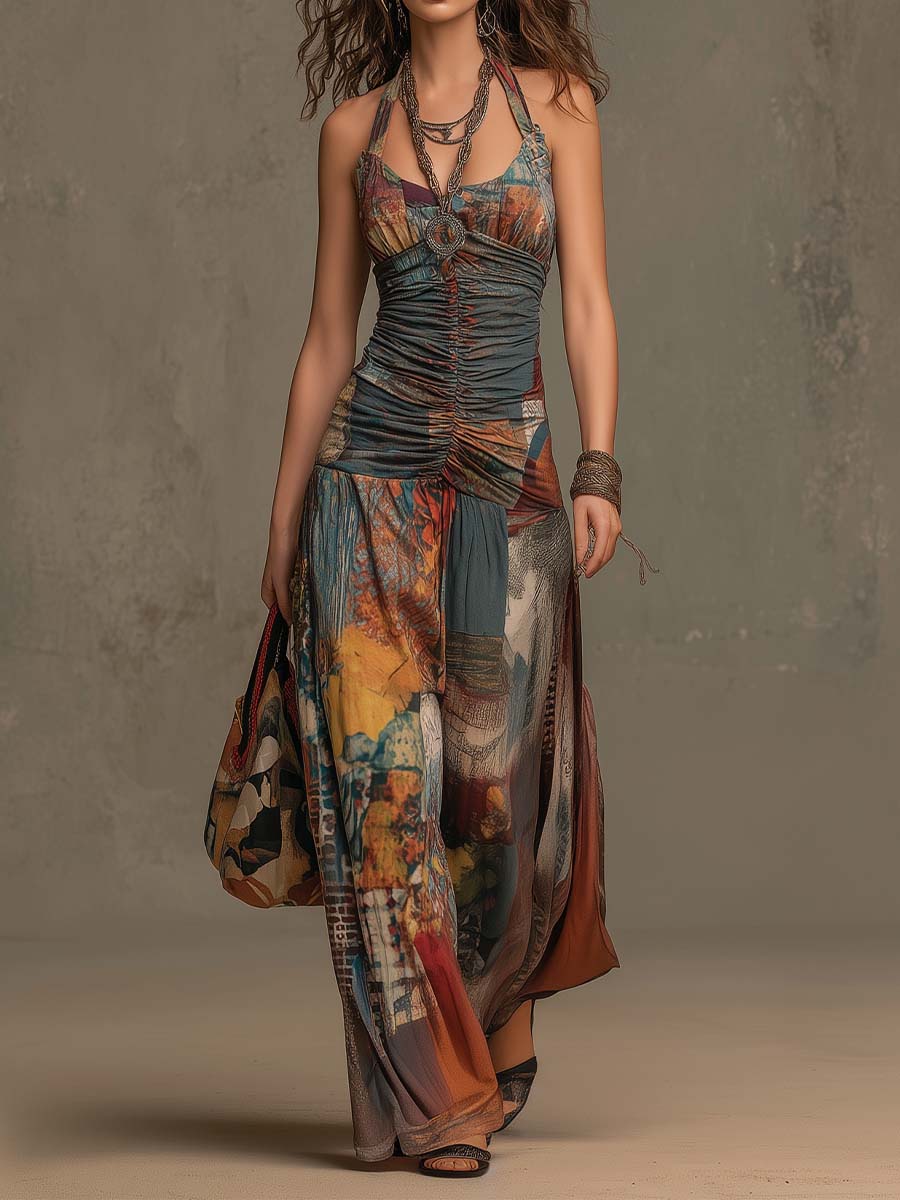 Bohemian Print  Halter Ruched Wide-Leg Jumpsuit