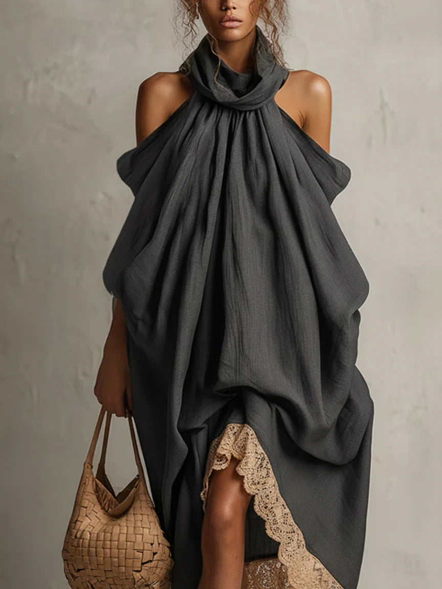 Grey Halter-Neck Loose-Fit Midi Dress with Lace Trim