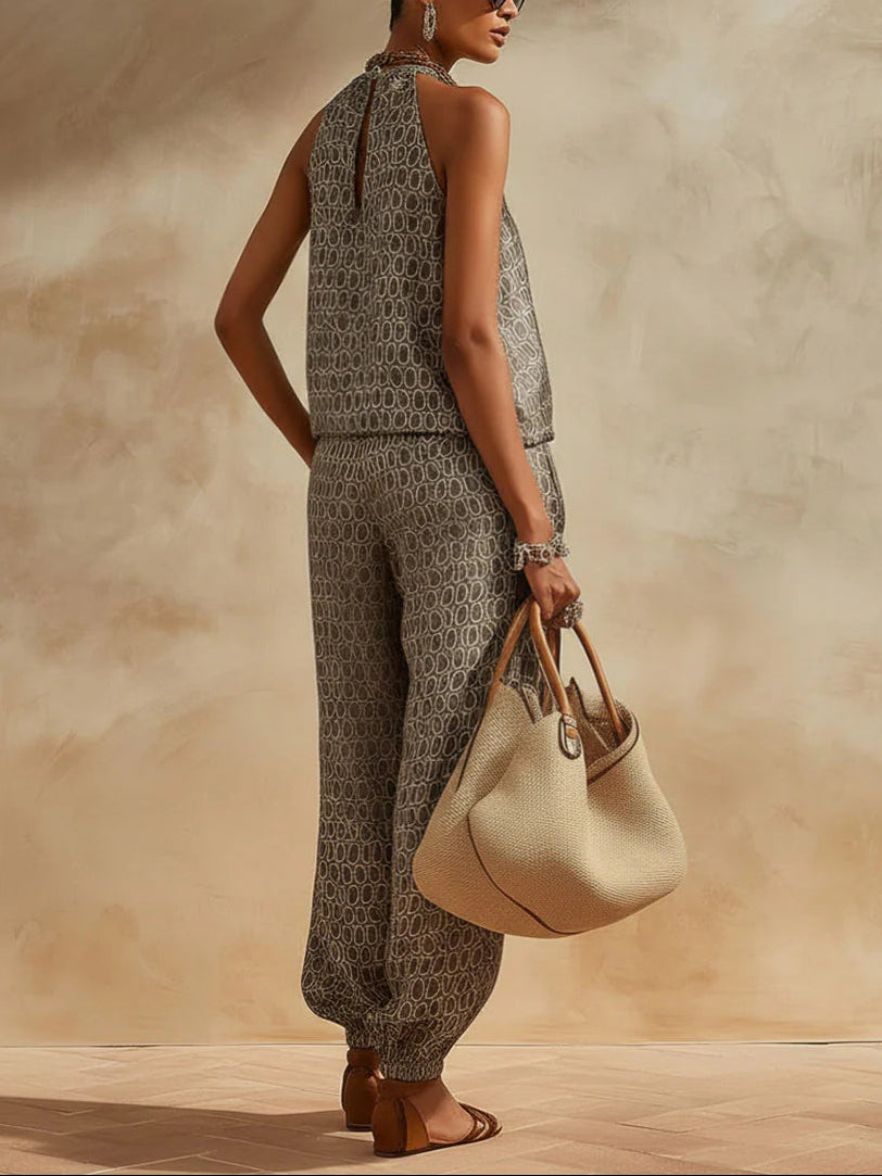 Retro Chain Print Grey Satin Top And Pants Set