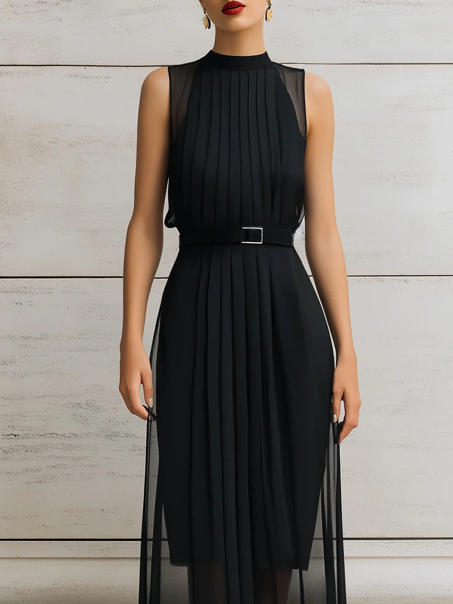 Pleated High-Neck Layered Midi Dress(Belt included)