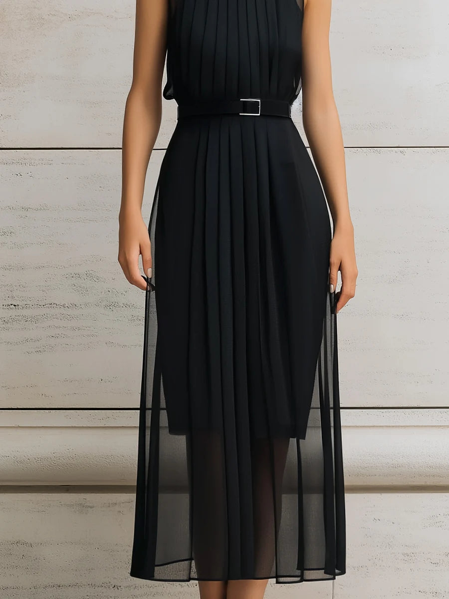 Pleated High-Neck Layered Midi Dress(Belt included)