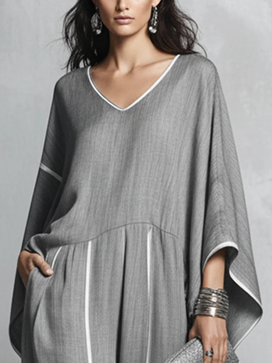 Casual Grey Loose-fitting Wide-leg Jumpsuit With White Piping
