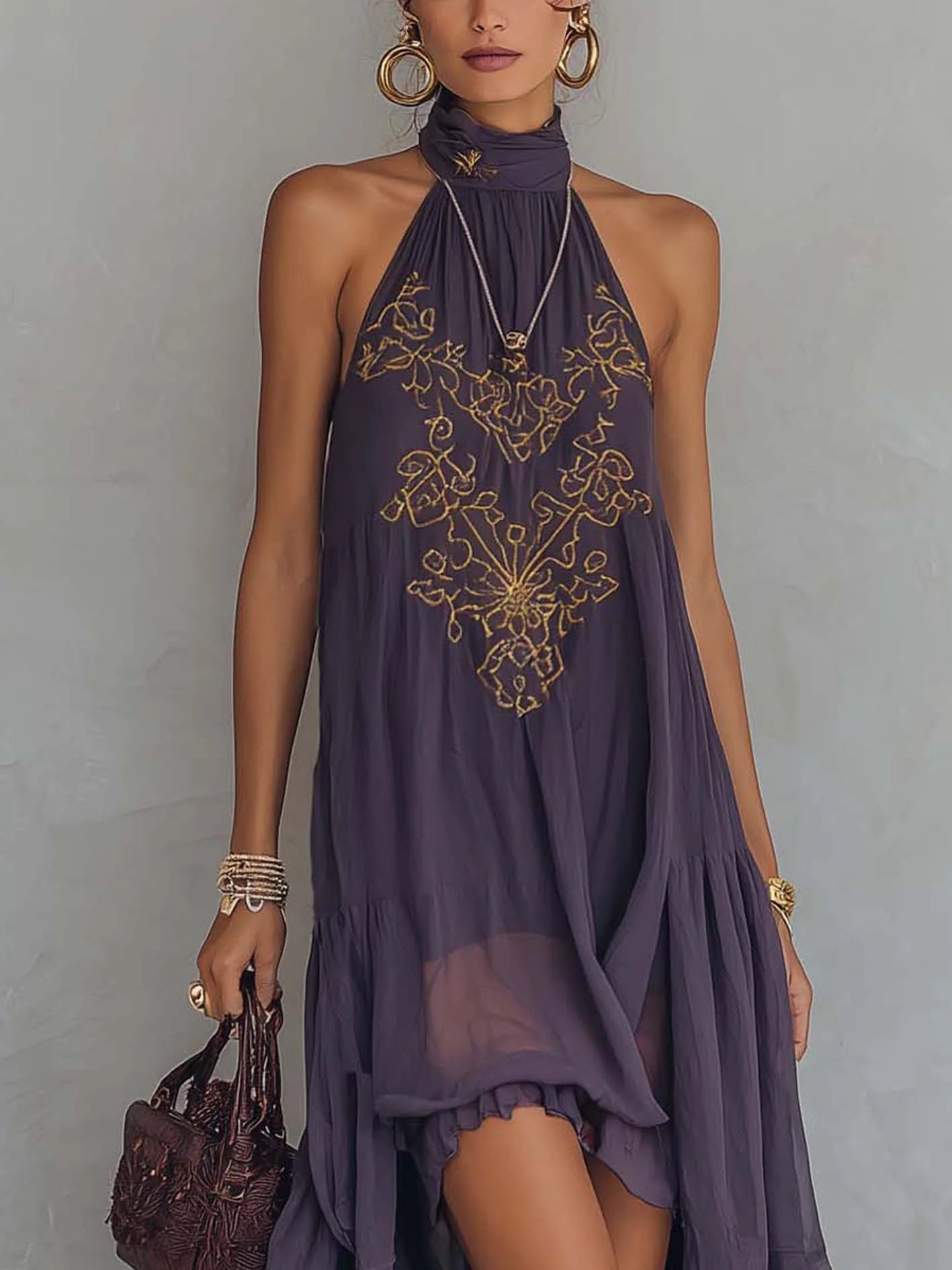 Purple Vintage Embroidered Chiffon Maxi Dress
