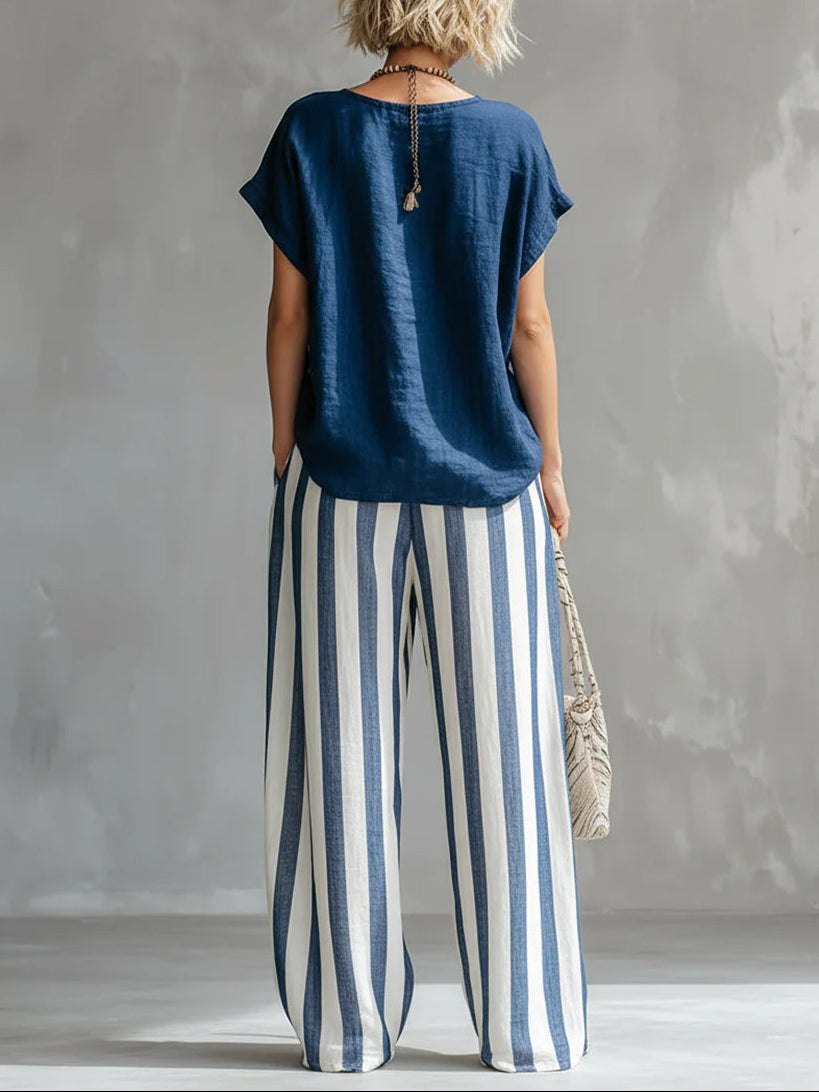 Elegant Blue T-shirt And Striped Wide-leg Pants Set
