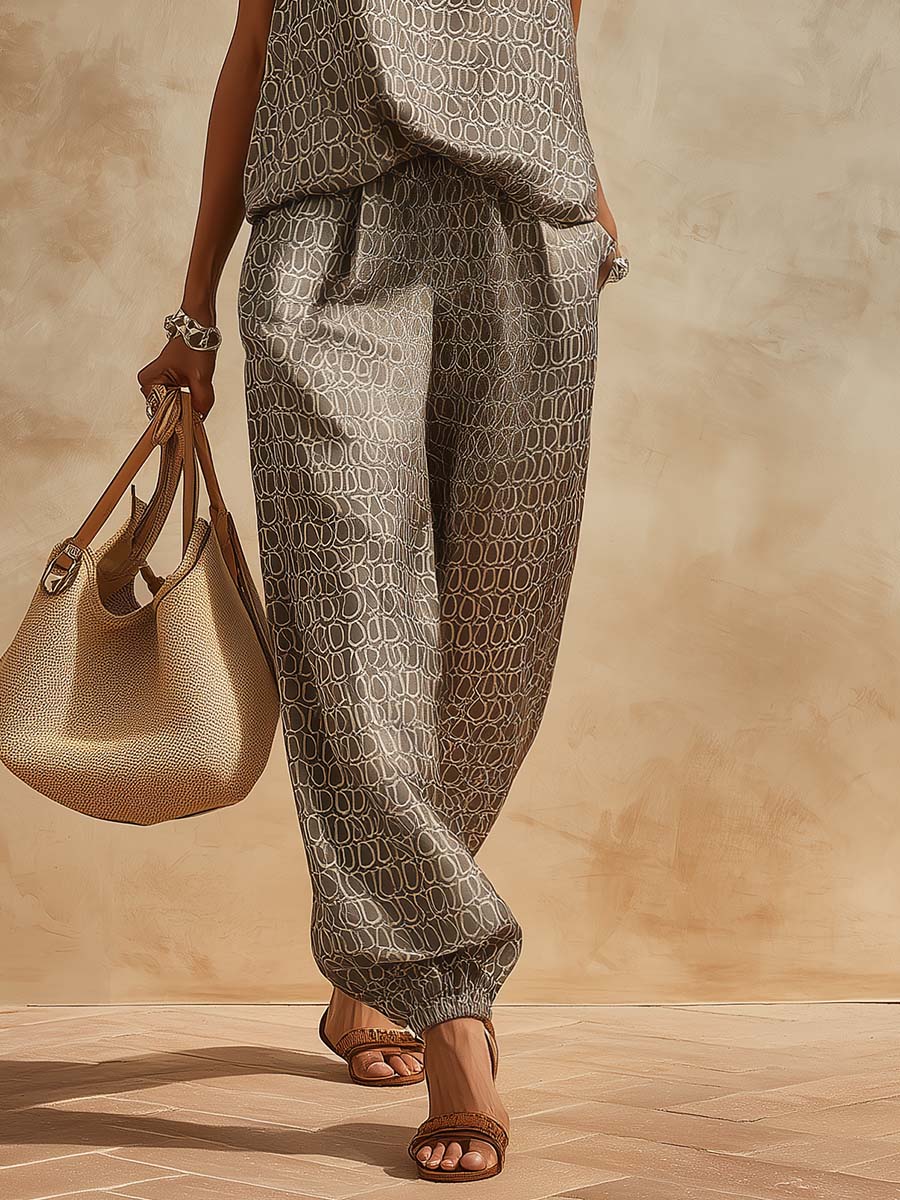 Retro Chain Print Grey Satin Top And Pants Set